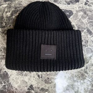 Acne Black Ribbed Beanie with Face Patch